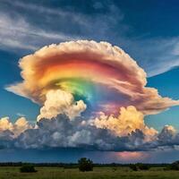 A stunning natural phenomenon. Big clouds with little spirals. There are rainbow colors in the clouds. There are two layers of clouds. In the background, the sky is strangely blue photo