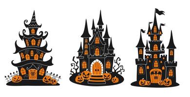Set of spooky Halloween castles with tall, pointed towers, glowing orange windows, and surrounded by carved jack-o-lanterns. Black and orange colors. vector