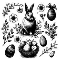 A black and white drawing of a rabbit sitting on a nest of eggs vector