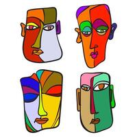 A set of abstract, ethnic faces in colorful isolation on a white background. vector