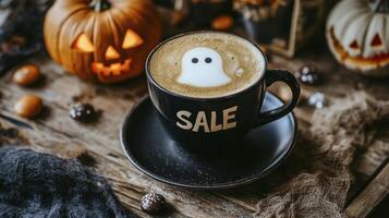 Black coffee cup showing ghost shaped latte art for halloween sale photo