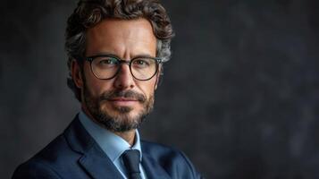 Confident businessman with eyeglasses posing in front of a dark background photo