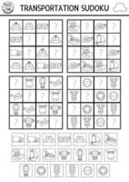 transportation sudoku black and white puzzle for kids. Simple transport quiz with cut and glue elements. Education activity or coloring page with car, bus, plane. Draw missing object vector