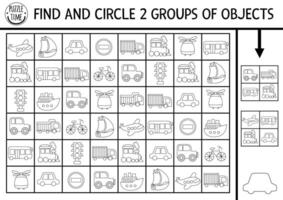 Transportation seek and find black and white game. Transport line printable activity or coloring page for kids. Searching puzzle with car, truck, bus, plane. Find groups of objects vector