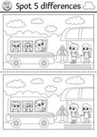 Find differences game for children. Transportation black and white activity with school bus, driver, picking kids on bus stop. Puzzle with transport. Printable worksheet or coloring page vector