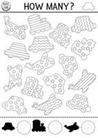 Counting and shape recognition black and white game with cute transport. Math and shadow matching line activity for kids. Transportation printable worksheet. Coloring page with plane, train, car vector