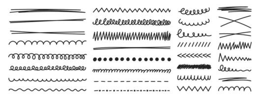 Hand drawn collection of curly, squiggly, wavy, zigzag lines. Horizontal handwritten elements for highlight or divider. illustration. vector