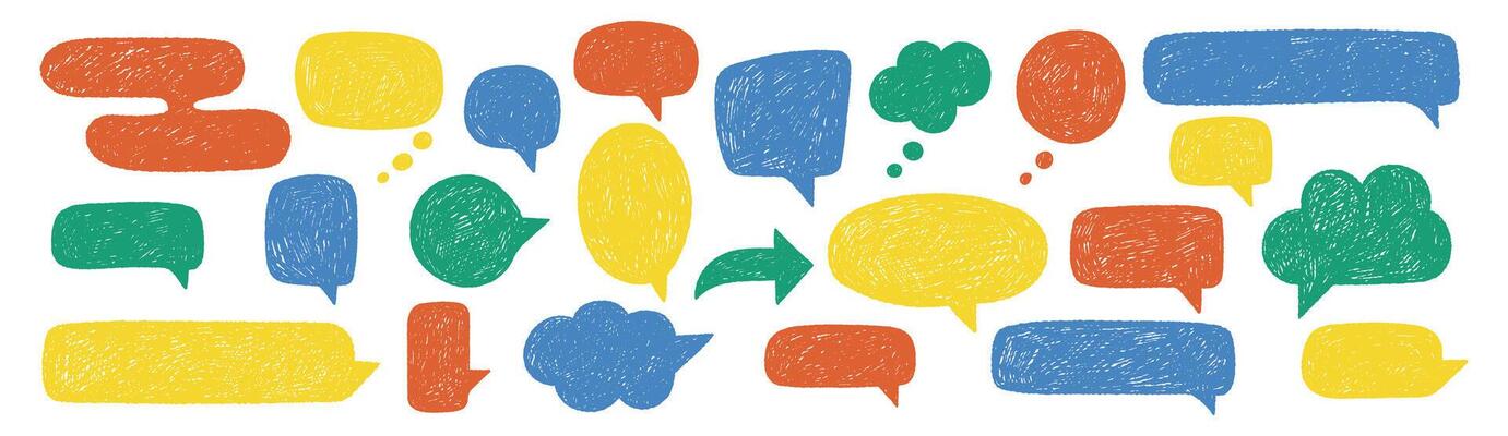 Crayon style handwriting cute speech bubble set. Comic frame with chalk texture. Cartoon illustration.