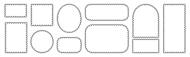 Set of frames with squiggly of wavy edges. Stamps with rectangle and circle shapes. Outline illustration. vector