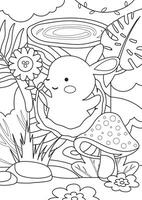 Coloring page outline of a cute bunny pop up from the tree hole vector