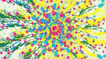 An energetic abstract illustration featuring a burst of vibrant paint splatters radiating from a central point. The chaotic, splattered design contrasts, creating a dynamic and explosive visual effect vector