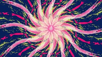 A vibrant abstract illustration featuring a dynamic, floral-like pattern with swirling pink and yellow brush strokes radiating from a central point. vector