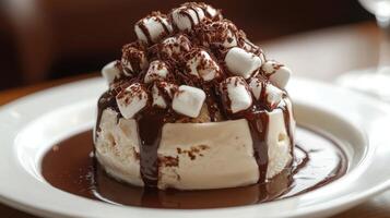 A dessert with marshmallows and chocolate sauce photo
