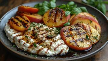 Grilled peaches with ricotta and herbs on a rustic plate. photo