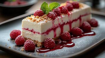 A piece of cheesecake with raspberries on top photo
