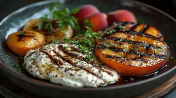 Grilled peaches and goat cheese on a plate photo