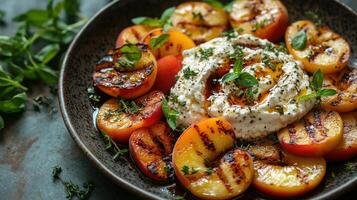 Grilled peaches with creamy cheese and herbs on a dark plate. photo