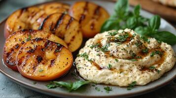Grilled peaches served with creamy hummus and herbs. photo