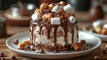 A dessert topped with marshmallows and chocolate photo