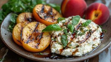 Grilled peaches with ricotta and herbs on a rustic plate. photo
