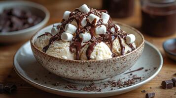 A bowl of ice cream with marshmallows and chocolate sauce photo