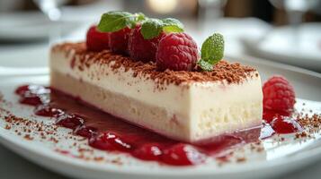 A dessert with raspberries and cream on a white plate photo
