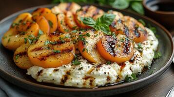Grilled peaches atop creamy cheese, garnished with herbs. photo