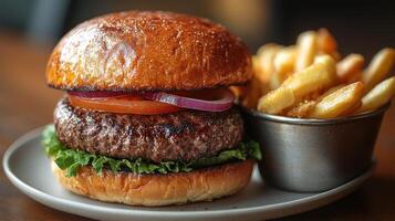 A delicious burger with lettuce, tomato, onion, and fries. photo