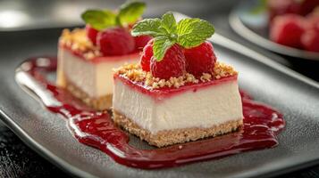 Cheesecake with raspberry sauce on a black plate photo