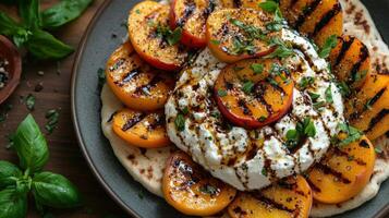 Grilled peaches atop creamy cheese with herbs and balsamic drizzle. photo