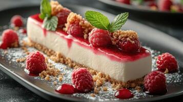A dessert with raspberries and cream on a black plate photo