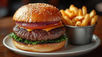 A delicious burger with fries on a plate, showcasing a meal. photo