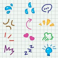 Hand drawn symbols collection cartoon style doodle sign expressions, with colorful curve direction arrows, emoticon effects. anger, and bubble chat vector