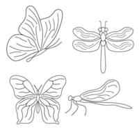 Big hand drawn line set of insects bugs, butterfly dragonfly. Silhouette vintage sketch style engraved illustration. vector
