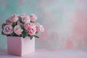 un caja de rosado rosas Copiar espacio foto