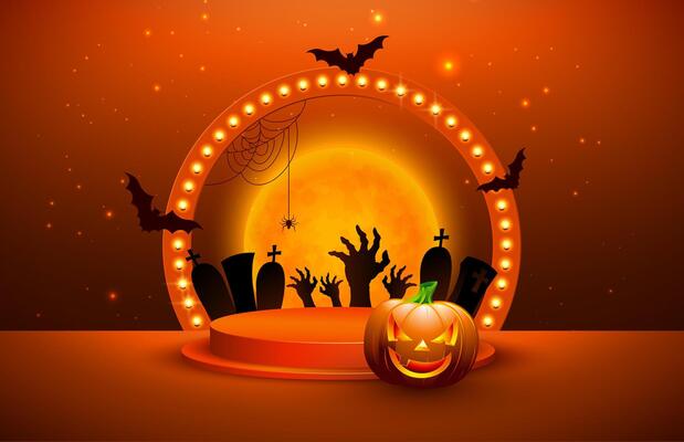 Halloween Sale Banner Illustration with Pumpkin, Podium and Glowing Light Bulb Billboard on Orange Background. Holiday Design Template with Typography Lettering for Offer, Coupon, Celebration
