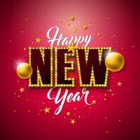 2022 Happy New Year Illustration with 3d Light Bulb Typography Lettering and Christmas Ball on Red Background. Holiday Design with Shiny Bright Lights for Flyer, Greeting Card, Banner vector