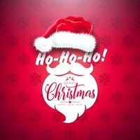 Ho ho ho Merry Christmas and Happy New Year Illustration with Santa Hat, Beard and Typography Elements on Red Snowflake Pattern Background. Holiday Design for Flyer, Greeting Card, Banner vector