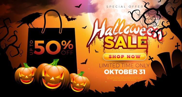 Halloween Sale Banner Illustration with Crow, Bag and Cemetery on Orange Moon Background. Holiday Design Template with Typography Lettering for Offer, Coupon, Celebration Flyer, Voucher or