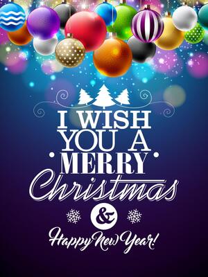Merry Christmas and Happy New Year Illustration with Multicolor Ornamental Balls on Shiny Blurry Background. Holiday Season Design for Greeting Card, Party Invitation or Promo Banner.