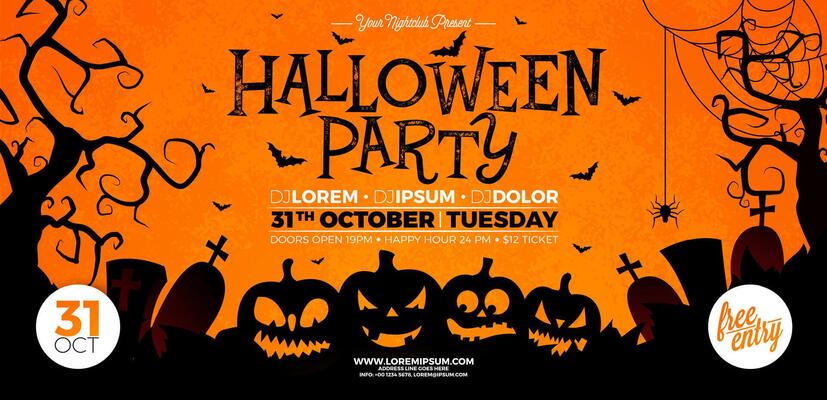 Halloween Party Banner Illustration with Scary Faced Pumpkins on Orange Cemetery Background. Holiday Design Template with Cemetery and Flying Bats for Party Invitation, Greeting Card, Banner or