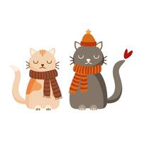 Minimalistic postcard with flat hand drawn happy cats in love with scarf. Isolated elements in autumn colors illustration vector
