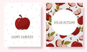 Happy harvest minimalistic postcard with flat hand drawn red appels and green branches. Isolated elements vector