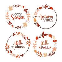Set of round wreaths with different leaves and twigs. Autumn lettering. Greeting card design, sales, poster, flyer, web banner, net poster. Autumn decoration. vector