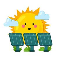 Solar power. Solar panel and batteries. Environmentally friendly technology for generating ennergy. Cute kids illustration in flat style. vector