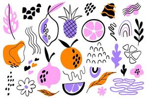 A set of abstract elements. Abstract citrus fruits and geometric shapes. Abstract elements for backgrounds, textiles, posters, postcards, packaging and more. vector