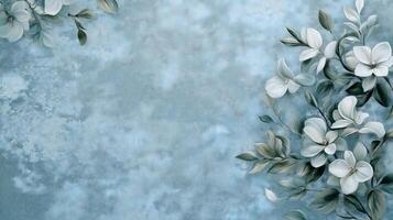 Magnolia flowers on abstract blue background. copy space, top view, flat lay. Useful for invitation, notes, greeting card, envelope design, printing. photo