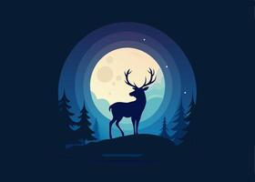 Deer at night forest with moon illustration for your walpaper design vector