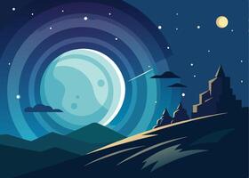 Flat Illustration startrail with moon, nightday silhouette background vector