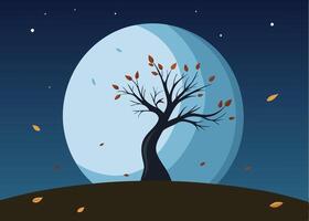 Flat Illustration fall leaf at autumn season, nightday with moon background vector